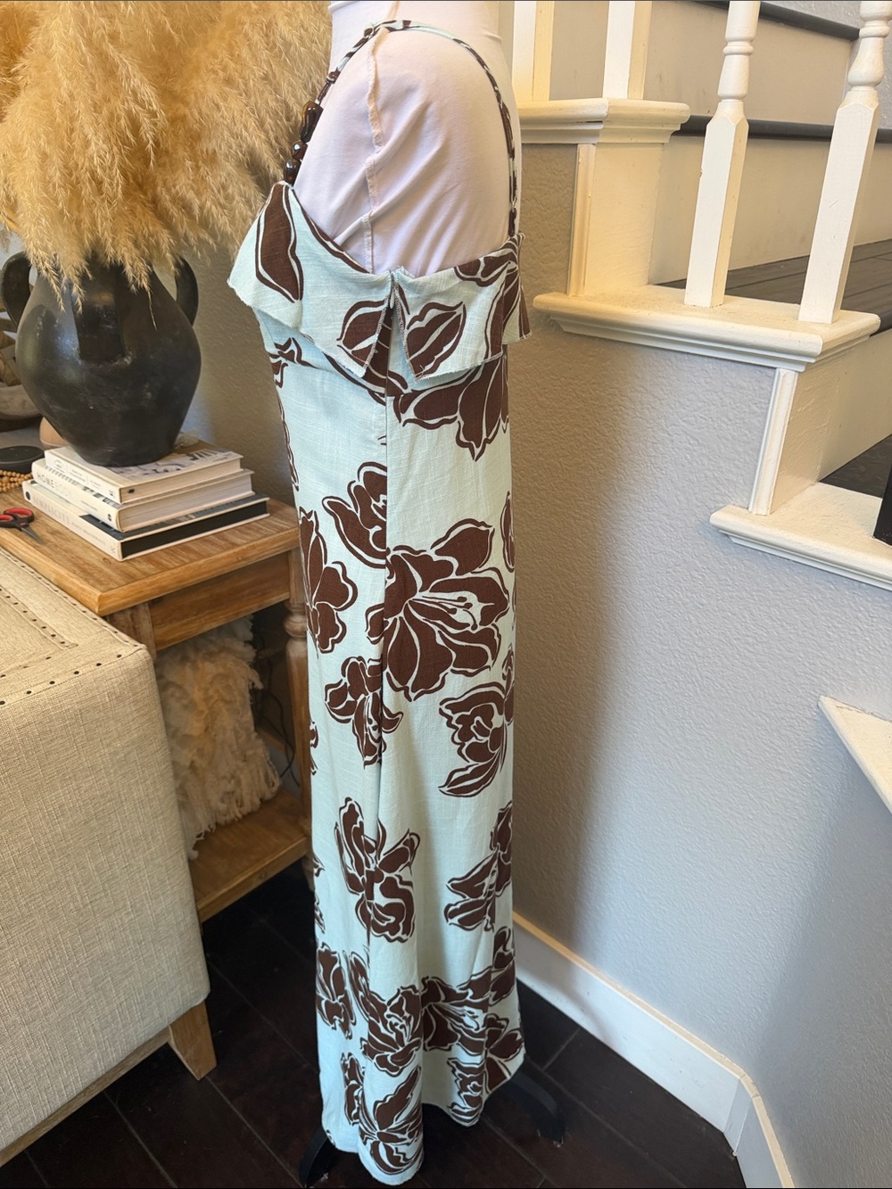 Anthropologie Paper Heart Blue Brown Linen Blend Floral Maxi Dress Size XS - Picture 4 of 8